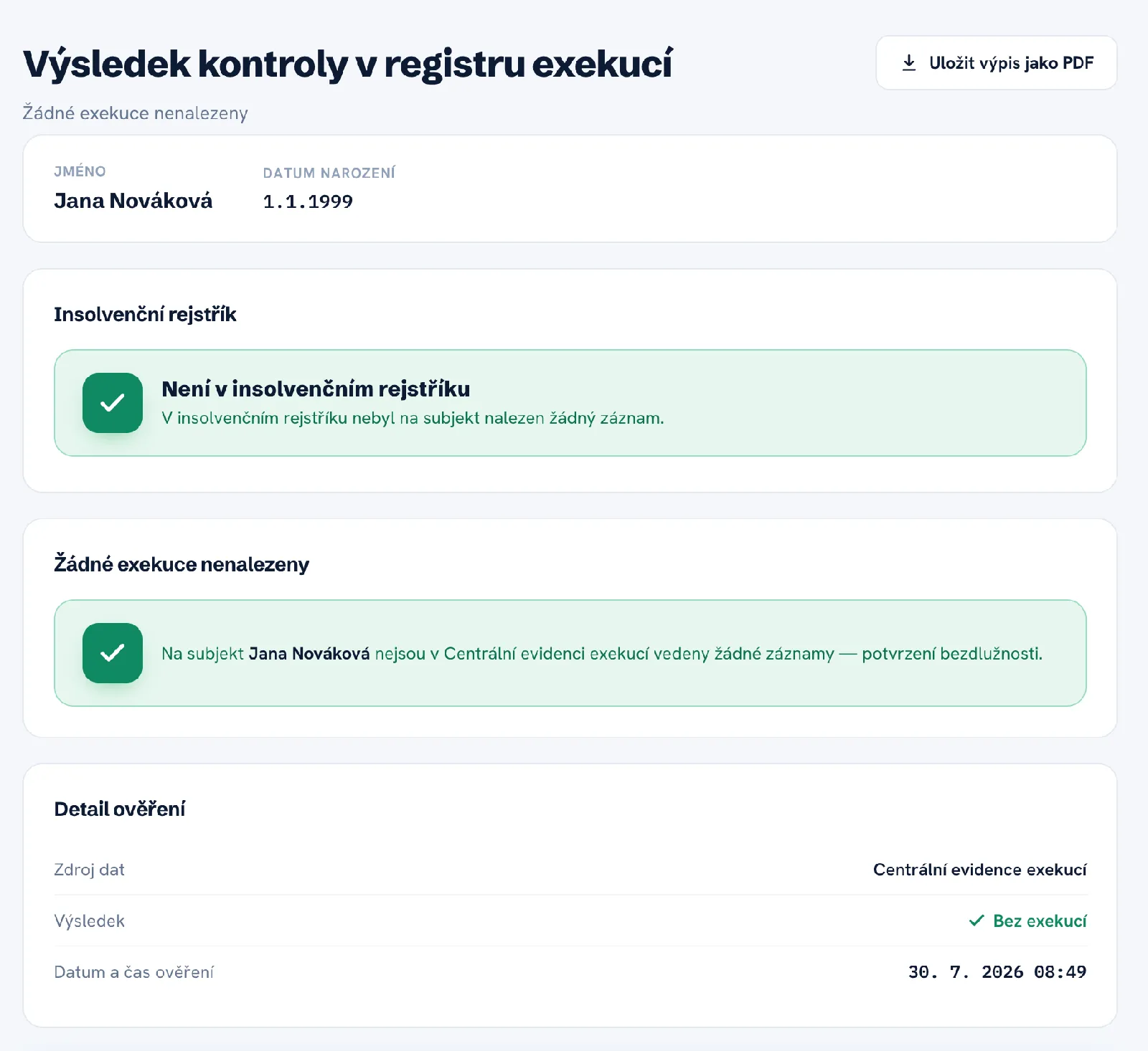 Ukázka výsledku ověření bez nalezených exekucí — potvrzení bezdlužnosti