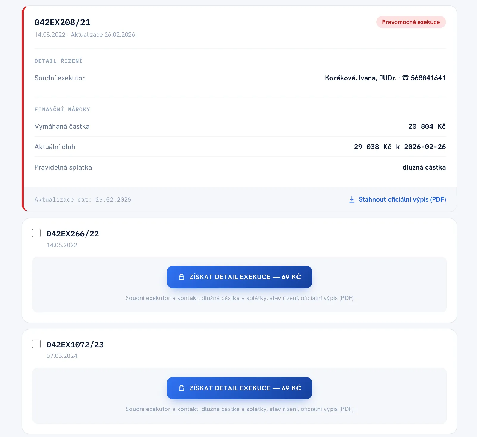 Ukázka odemčeného detailu konkrétní exekuce — soudní exekutor a finanční nároky