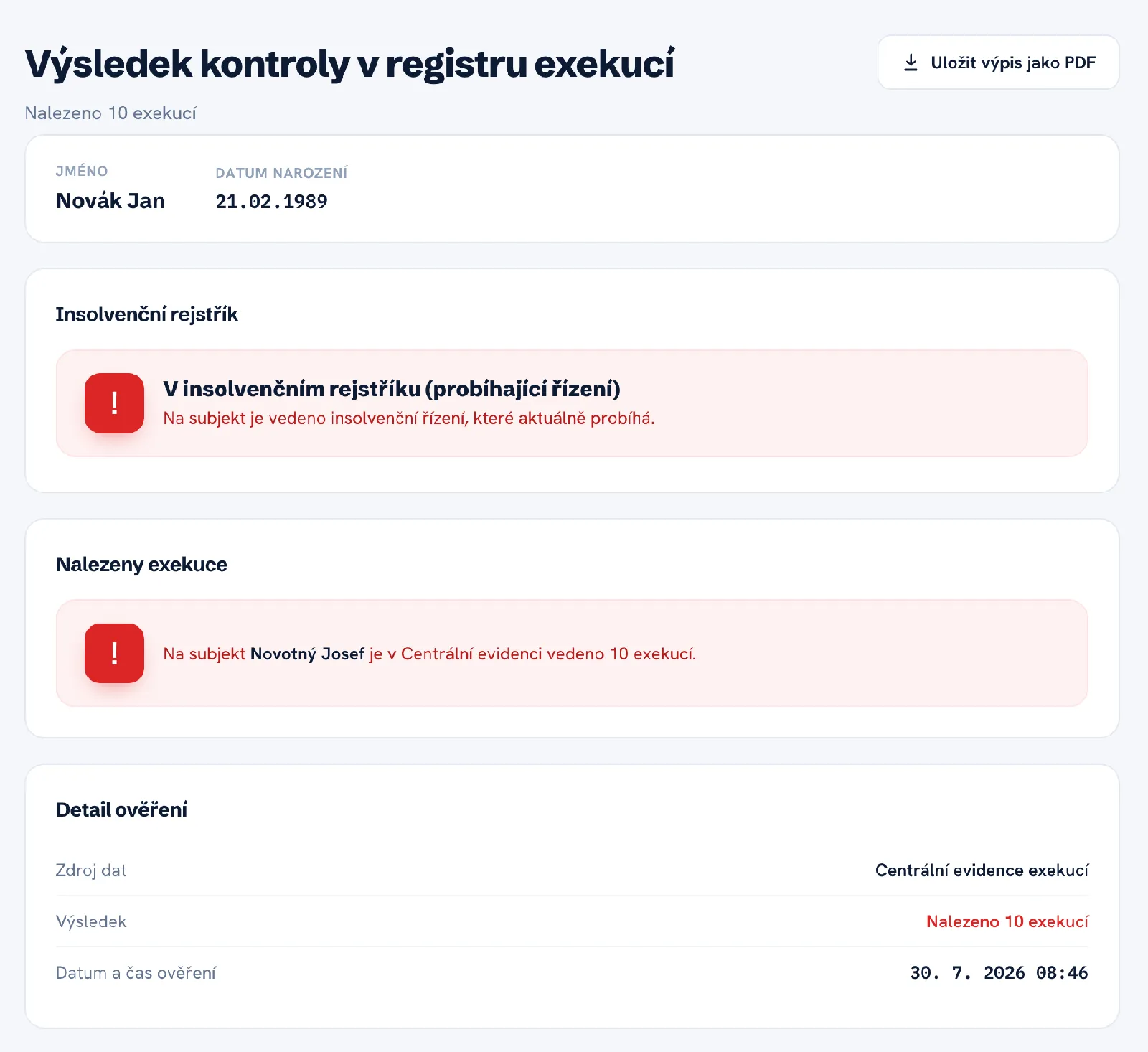 Ukázka výsledku ověření s nalezenými exekucemi v registru